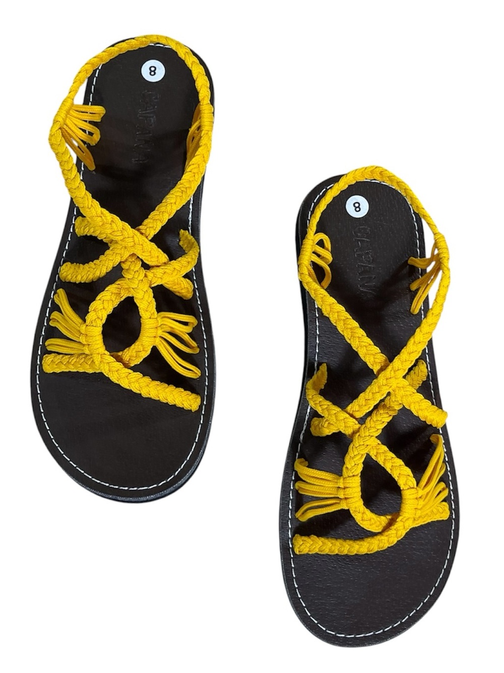 Capana Woven Strappy Braided Rope Summer Beach Bohemian Flat Yellow Sandal, 8